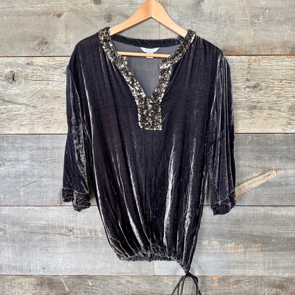 Garnet Hill Silk Blend‎ Velvet Sequin Tie Hem Top 6 Gray Metallic Boho Event